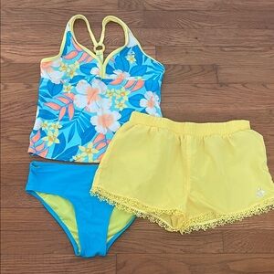 Gerry girls 3 piece blue & yellow floral tankini set and coverup shorts, L 14/16